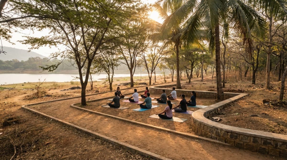 Yoga by the lake at sunrise