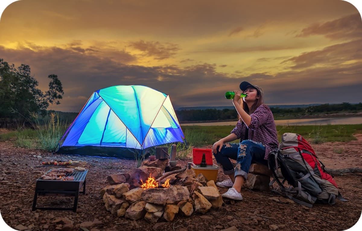 Lakeside camping lifestyle at dusk