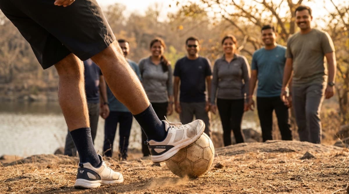 Group playing football outdoors