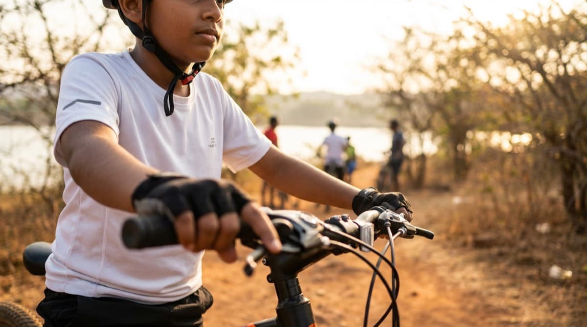 Child riding a mountain bike outdoors