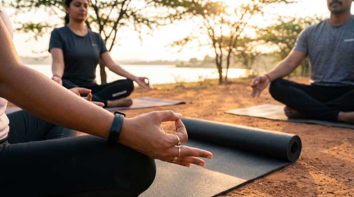 Yoga by the lake at sunrise